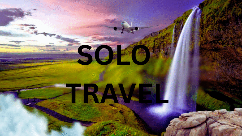 Solo travel adventure with airplane flying over scenic waterfall and green valley landscape - inspiring journey for independent travelers