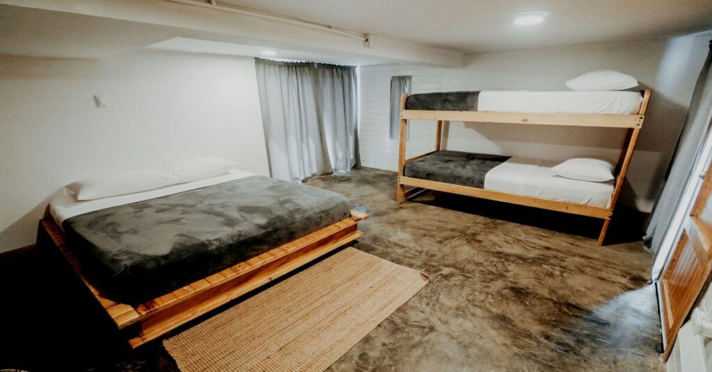 Modern hostel cozy bunk bed room clean design