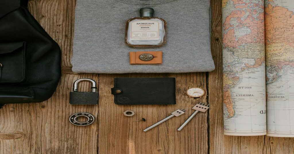 Anti-Theft Backpacks for Safe Travel laid out flat next to a passport and camera on a wooden table