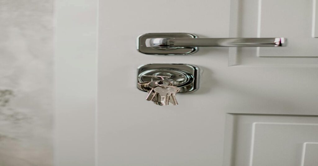Hotel room door handle lock close up interior
