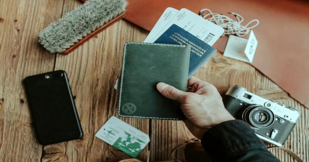 RFID-Blocking Wallets for Travel and security documents laid flat on an airport waiting room table