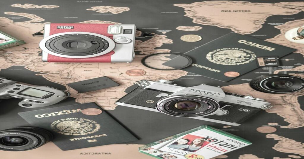 minimalist travel gear flatlay passport backpack phone camera