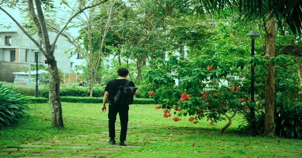 solo traveler walking park