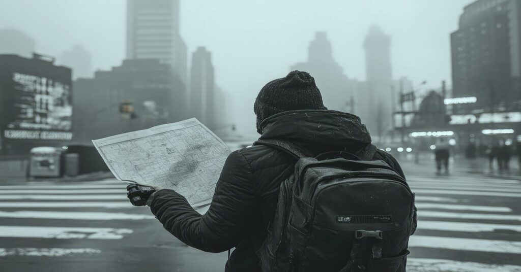 lost traveler city street map confusion alone